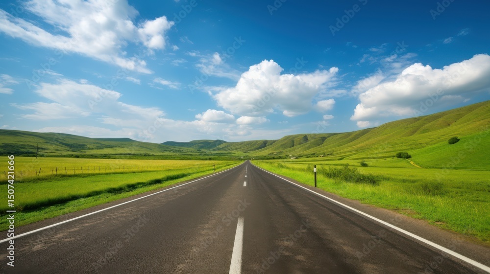 Fototapeta premium Asphalt road through lush green rolling hills under blue sky.