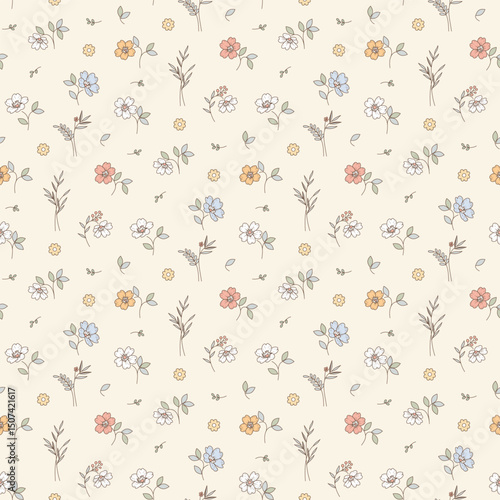 Lovely, beautiful spring flowers pattern. Ditsy floral seamless pattern. Cute small flower on light background. Repeat pattern. Ditsy print. Flower surface design, floral design for fashion, fabric