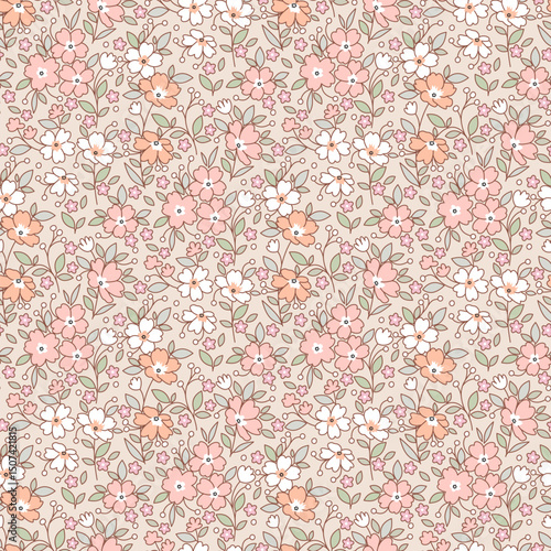 Beautiful floral pattern in small flowers. Small floral flowers. Seamless pattern background. Ditsy print. Floral seamless background. Elegant flowers template for wall decor, wallpaper, cards.
