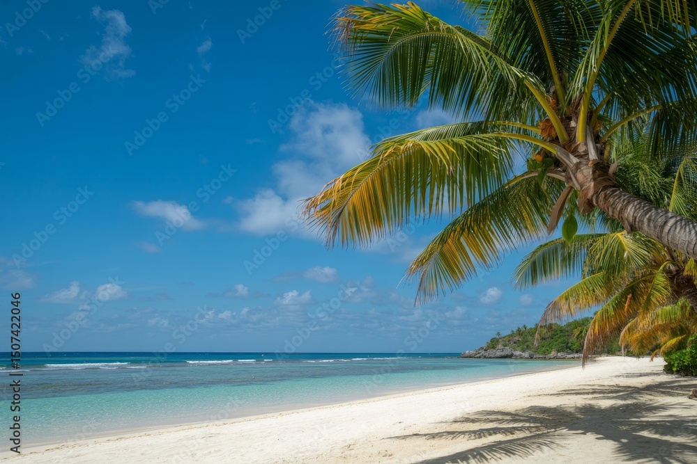 Obraz premium Serene beach getaway with swaying palms under a bright blue sky on a sunny day