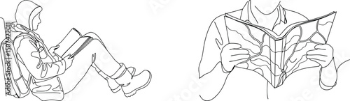 Two people reading illustrated in black and white line art depicting a traveler's journey
