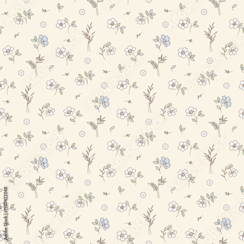Lovely, beautiful spring flowers pattern. Ditsy floral seamless pattern. Cute small flower on light background. Repeat pattern. Ditsy print. Flower surface design, floral design for fashion, fabric