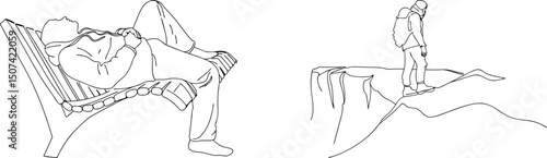 A leisurely person relaxing on a bench versus an adventurer hiking on the cliff
