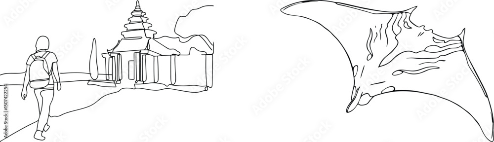 Obraz premium Minimalist continuous line art of a tourist at a temple and a graceful manta ray