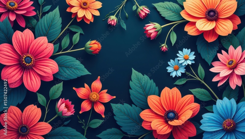 Continuous floral motif; vibrant hues interweave organically , tropical, botanical Continuous floral motif; vibrant hues interweave organically , tropical, botanical