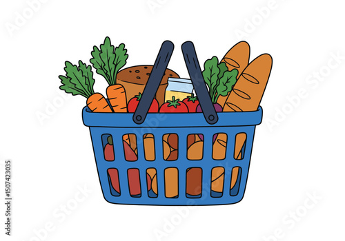 vegetable, bread in shopping basket. Blue supermarket basket is filled of groceries. Plastic grocery hamper with handles. Buying food, purchase of products. Simple vector illustration