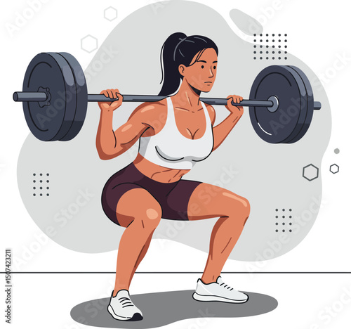 Woman performing barbell squat exercise for strength training and fitness workout in gym environment 