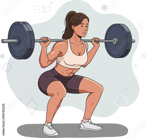 Woman performing barbell back squat exercise for strength training and fitness improvement in gym environment 