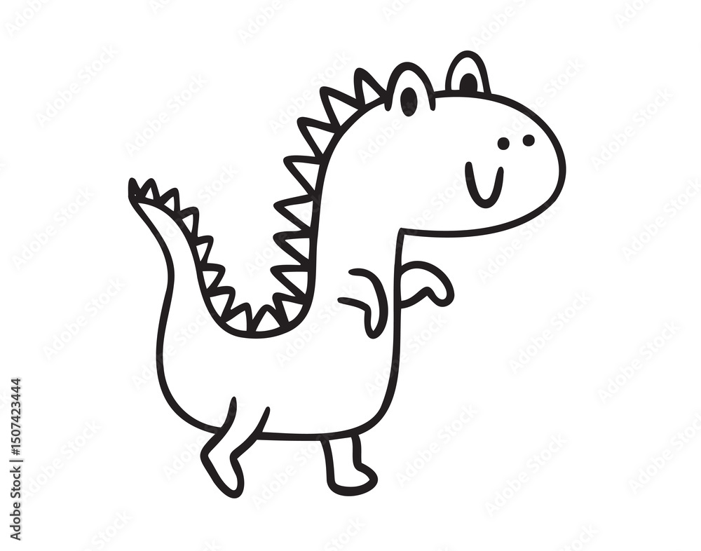 Naklejka premium Funny outline doodle hand drawn cute dinosaur. Baby art, dinosaur with smile character