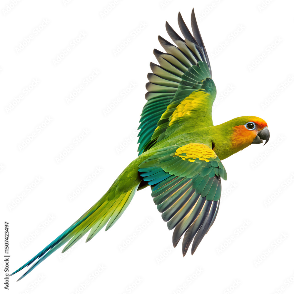 Obraz premium Flying Parakeet Bird (Aratinga solstitialis) Isolated on Transparent Background – Sun Conure Parrot PNG