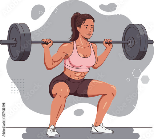 Woman performing barbell squat exercise for strength training and fitness workout routine in gym environment 