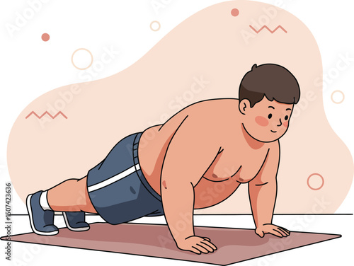 Overweight boy doing push ups exercise on yoga mat for fitness and health improvement vector illustration 