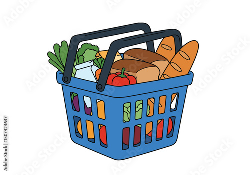 vegetable, bread in shopping basket. Blue supermarket basket is filled of groceries. Plastic grocery hamper with handles. Buying food, purchase of products. Simple vector illustration