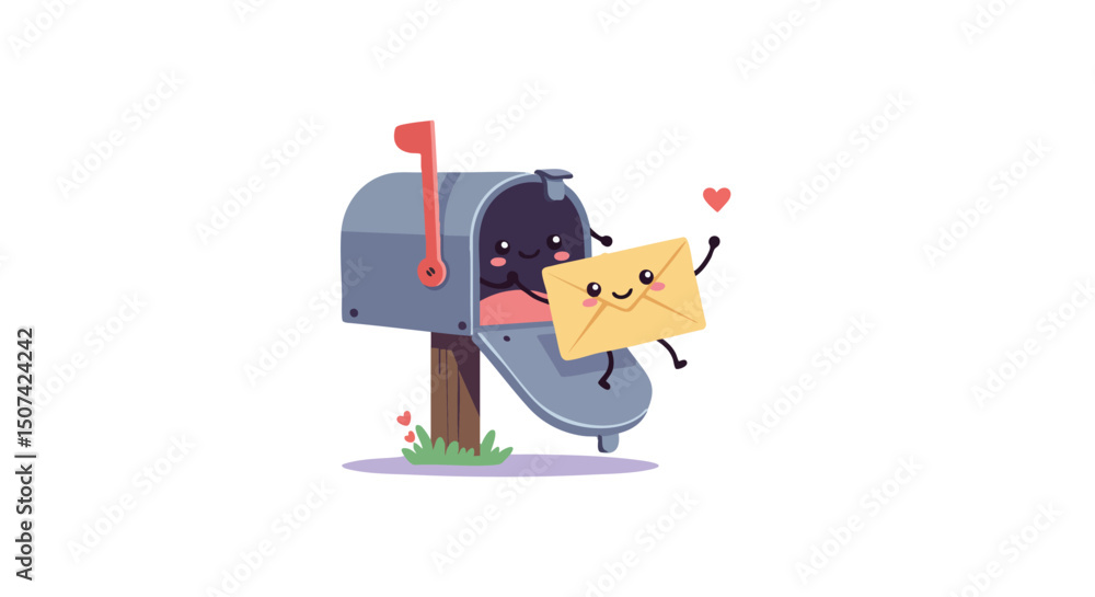 Obraz premium Cute cartoon envelope character delivering happy mail from open mailbox with red flag raised animation 