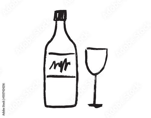 glass and bottle of wine grunge doodle hand drawn icon. Outline drawing a wedding, a romantic dinner, or a date line clipart symbol