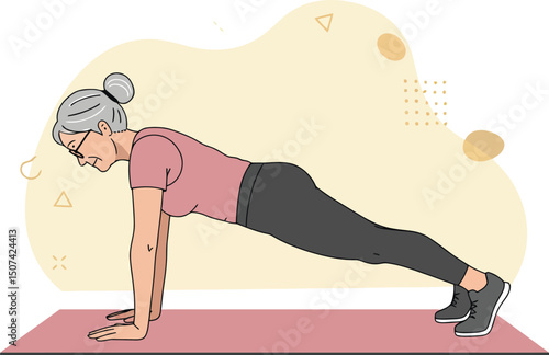 Older woman doing plank exercise on yoga mat for fitness and strength training vector illustration 