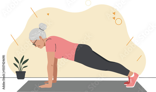 Senior woman doing plank exercise on mat for fitness and health improvement at home 