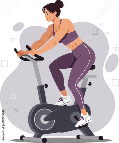 Woman exercising on stationary bike indoor fitness training workout in purple sportswear vector illustration 