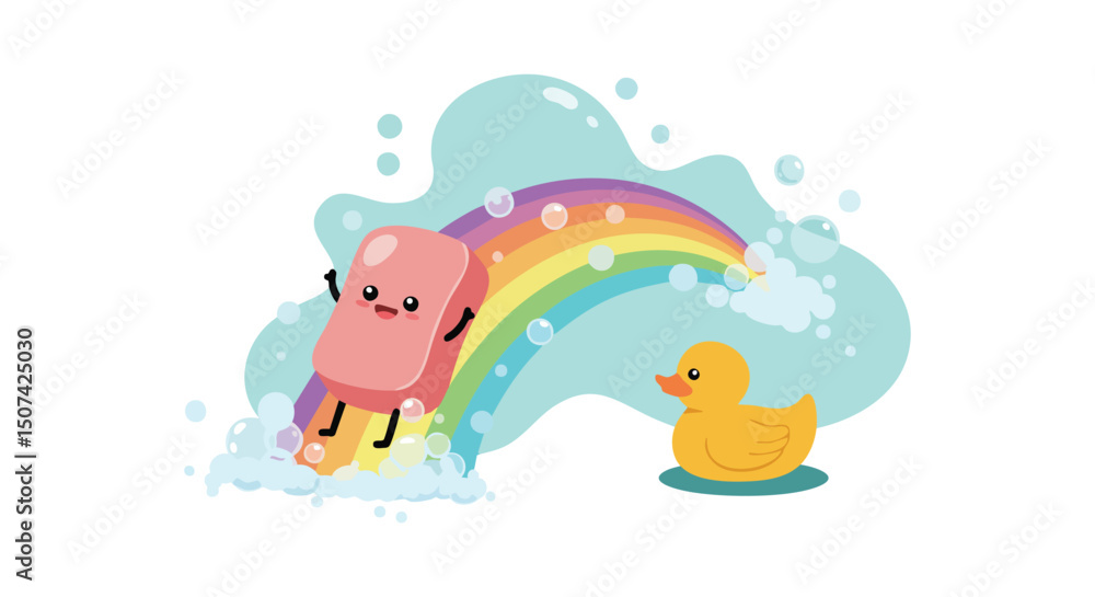Cute pink soap bar sliding on rainbow bubbles with yellow rubber duck in playful bath scene Cute pink soap bar sliding on rainbow bubbles with yellow rubber duck in playful bath scene