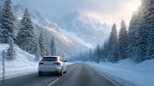 A car drives down a road lined with snowcovered trees mountains in the distance