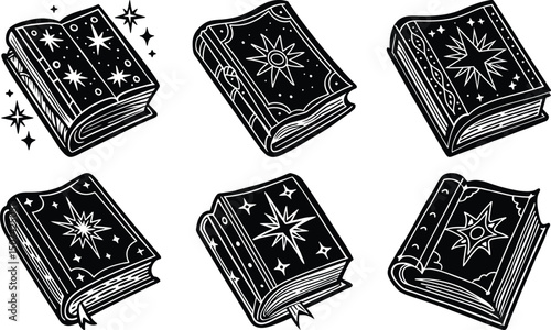 Six Magical Books Celestial Designs Spellbinding Illustrations