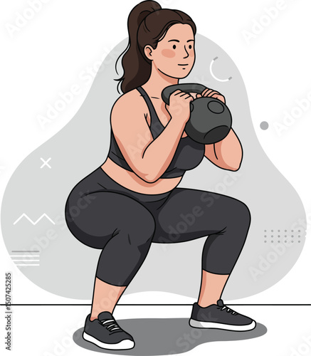 Woman doing kettlebell squats in activewear fitness exercise for strength training and health improvement 