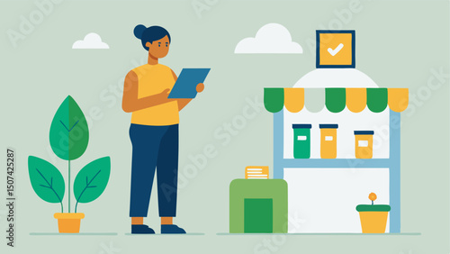 Educational Signage An illustration of a person reading educational signage about the Zero Waste Movement while standing in a sustainably designed store fostering awareness and