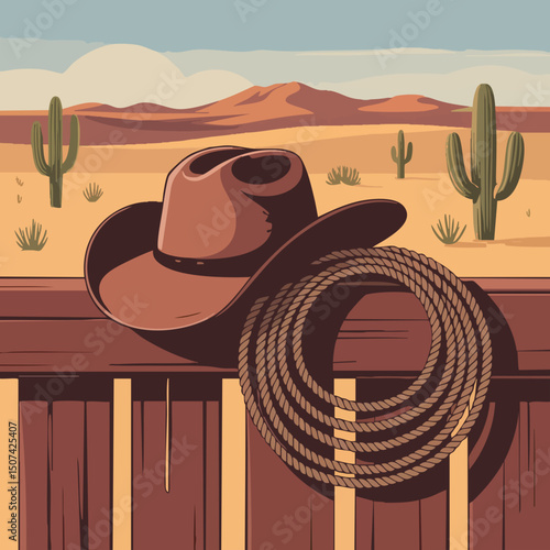 Minimal Cowboy Hat and Lasso on Fence – Flat Desert Vector Illustration for Western Theme
