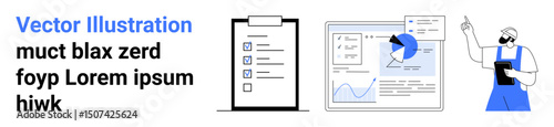 Checklist on clipboard, dashboard with charts, and worker presenting data. Ideal for productivity, management, research, education, teamwork, analytics simple landing page