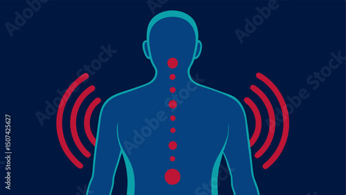 Pain Relief An illustration of a back with highlighted areas representing pain with infrared waves gently trating these areas.