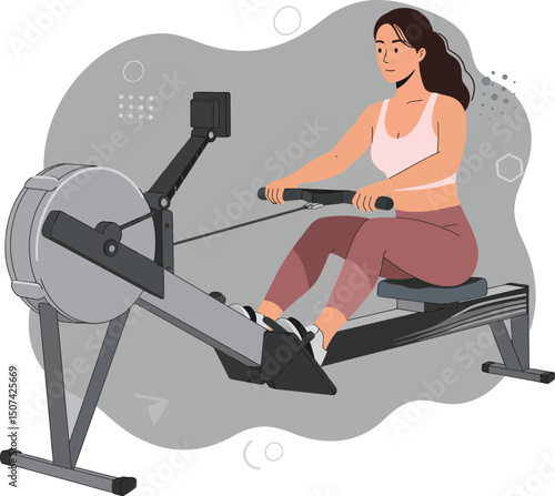 Woman using rowing machine exercising indoors for fitness and strength training vector illustration 