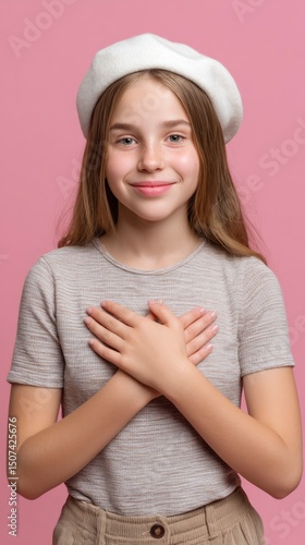 A girl with freckles wearing a beret and a tshirt crosses her arms over her chest posing against a pink backdrop