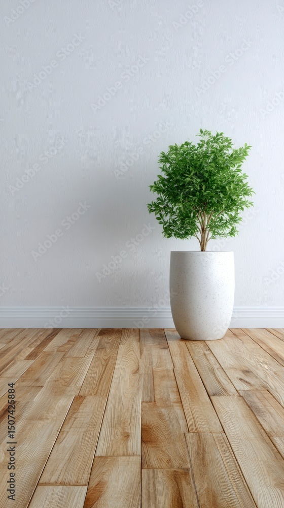 Fototapeta premium A green leafy plant stands in a white pot on a hardwood floor against a white wall
