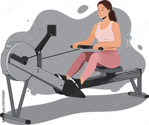 Woman using rowing machine indoor fitness workout exercising health and strength training vector illustration 