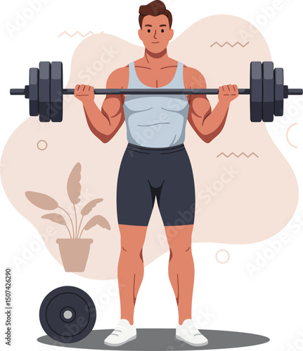 Man lifting heavy barbell weight training for fitness and muscle building vector illustration 
