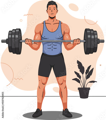 Muscular man lifting heavy barbell during workout routine in home gym environment with plant decoration