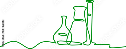 A continuous green line drawing of laboratory glassware, including flasks and test tubes. Minimalist and modern science illustration, educational, medical, or chemistry themed branding.