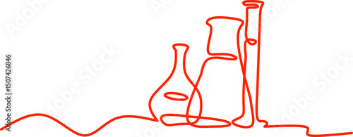A continuous red line drawing of laboratory glassware, including flasks and test tubes. Minimalist and modern science illustration, educational, medical, or chemistry themed branding.
