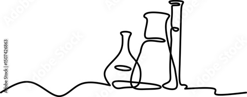 A continuous black line drawing of laboratory glassware, including flasks and test tubes. Minimalist and modern science illustration, educational, medical, or chemistry themed branding.