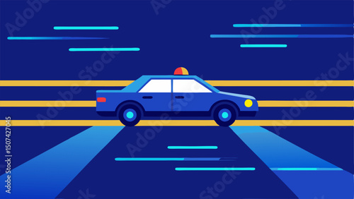 Chase Scene A police car with a bright blue light on top speeding down a road surrounded by blurred vehicles with motion lines emphasizing speed.