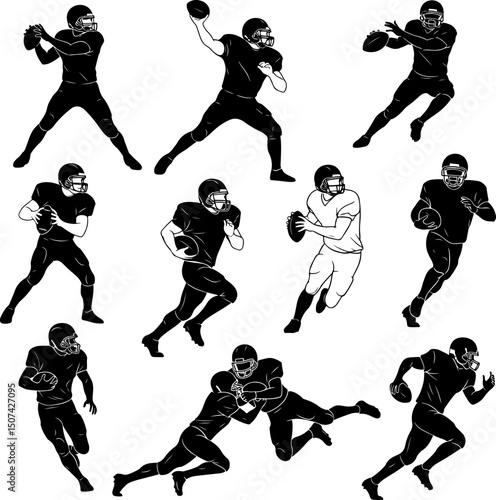 Silhouette illustration of American football players in various action poses.
