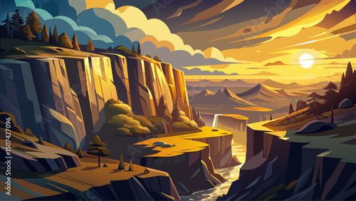 A dramatic cliffside view reveals a serene landscape bathed in golden light spilling over rugged edges. The soft glow enhances the depth and majesty of the natural surroundings.