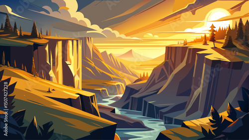 A dramatic cliffside view reveals a serene landscape bathed in golden light spilling over rugged edges. The soft glow enhances the depth and majesty of the natural surroundings.