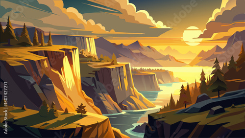 A dramatic cliffside view reveals a serene landscape bathed in golden light spilling over rugged edges. The soft glow enhances the depth and majesty of the natural surroundings.