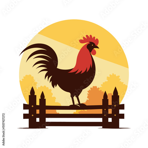 Morning Rooster Silhouette On Fence At Sunrise