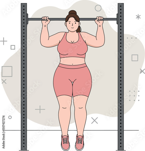 Woman doing pull up exercise on horizontal bar in pink sportswear vector illustration 