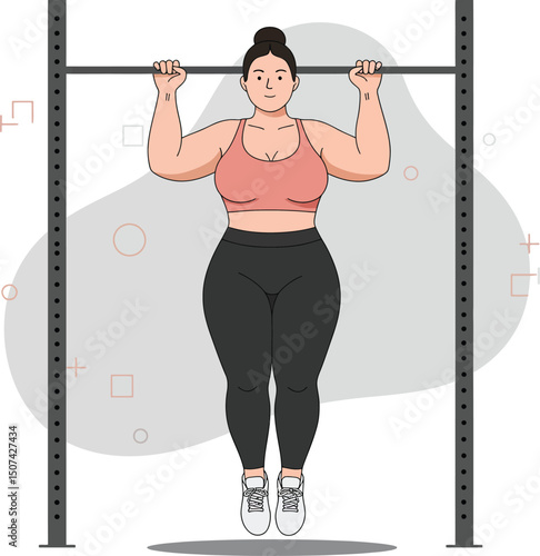 Woman performing pull up exercise on horizontal bar strength training vector illustration 