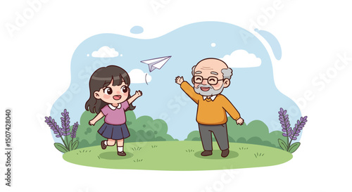 Grandfather and granddaughter playing with paper airplane in garden with lavender plants and clear sky 