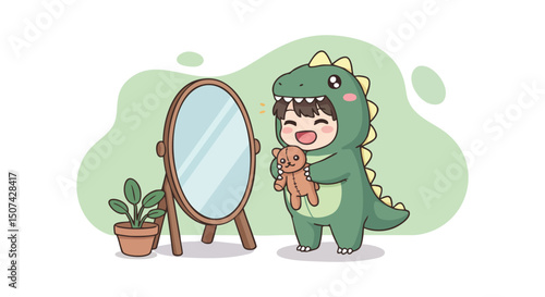 Child in dinosaur costume holding teddy bear smiling near mirror with potted plant indoors playful scene 