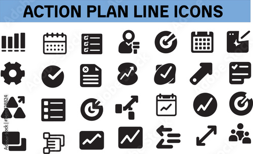 Action plan icon set. Containing planning, schedule, strategy, analysis, tasks, goal, collaboration and objective icons. Solid icon collection